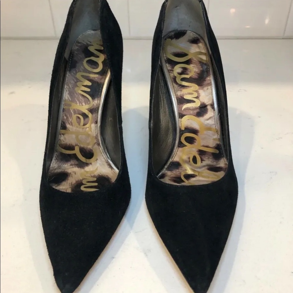 Sam Edelman Blk Suede Pump with Metal/Chrome Heel Accent, Womens 8.5M/Heel 2.5in